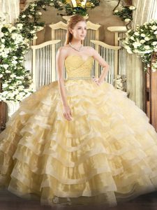 Sleeveless Floor Length Beading and Lace and Ruffled Layers Zipper Quinceanera Dresses with Gold