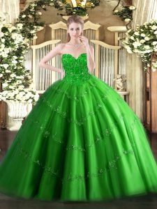 Green Lace Up Quince Ball Gowns Appliques Sleeveless Floor Length