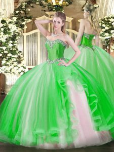 Custom Designed Green Tulle Lace Up 15th Birthday Dress Sleeveless Floor Length Beading and Ruffles