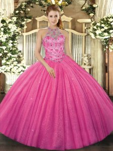 Hot Pink Lace Up Vestidos de Quinceanera Beading and Embroidery Sleeveless Floor Length