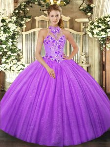 Exquisite Lavender Lace Up Halter Top Beading Sweet 16 Quinceanera Dress Tulle Sleeveless
