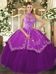 Exceptional Eggplant Purple Lace Up Halter Top Beading and Embroidery Quinceanera Gown Satin and Tulle Sleeveless