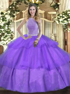 Lavender Lace Up High-neck Beading and Ruffled Layers Vestidos de Quinceanera Tulle Sleeveless