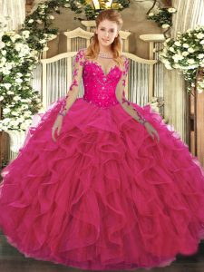 Clearance Hot Pink Scoop Neckline Lace and Ruffles Sweet 16 Quinceanera Dress Long Sleeves Lace Up