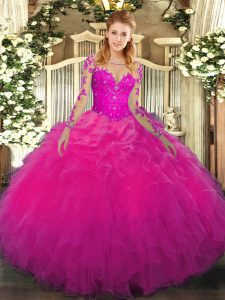 Gorgeous Lace and Ruffles Quinceanera Dresses Fuchsia Lace Up Long Sleeves Floor Length