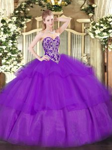 Purple Sweetheart Lace Up Beading and Ruffled Layers Sweet 16 Dress Sleeveless