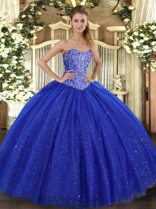 Royal Blue Lace Up Sweetheart Beading Quinceanera Dresses Tulle Sleeveless