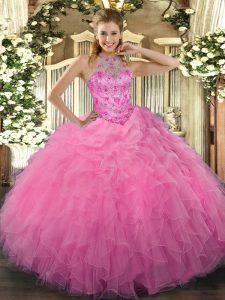 Colorful Rose Pink Sleeveless Beading and Embroidery and Ruffles Floor Length Quinceanera Gowns