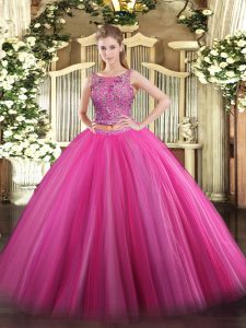 Delicate Hot Pink Vestidos de Quinceanera Military Ball and Sweet 16 and Quinceanera with Beading Scoop Sleeveless Lace 
