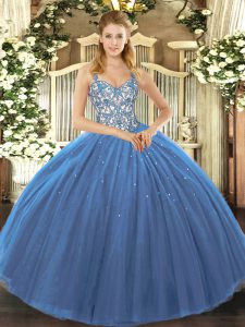 Floor Length Lace Up Quinceanera Gown Navy Blue for Sweet 16 and Quinceanera with Appliques