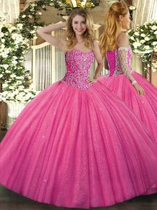 Sophisticated Tulle Sweetheart Sleeveless Lace Up Beading Ball Gown Prom Dress in Hot Pink