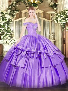 Modern Lavender Organza and Taffeta Lace Up Off The Shoulder Sleeveless Floor Length Quinceanera Gowns Beading and Ruffl