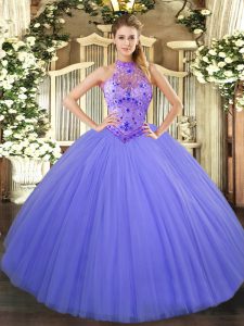 Lovely Lavender Ball Gowns Tulle Halter Top Sleeveless Beading and Embroidery Floor Length Lace Up Sweet 16 Dress