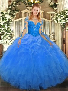 Floor Length Blue Quinceanera Dress Organza Long Sleeves Lace and Ruffles