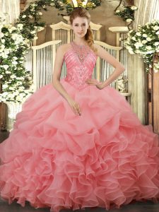 Pretty Ball Gowns Vestidos de Quinceanera Watermelon Red Halter Top Organza Sleeveless Floor Length Lace Up