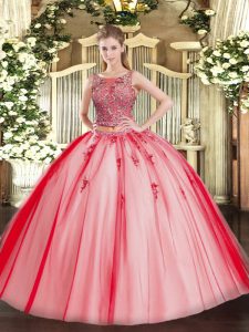 Beauteous Coral Red Lace Up Quinceanera Gown Beading and Appliques Sleeveless Floor Length