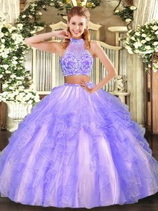 High Quality Tulle Halter Top Sleeveless Criss Cross Beading and Ruffled Layers Quinceanera Gown in Lavender