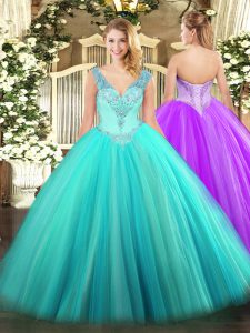 Discount Floor Length Lace Up Quince Ball Gowns Aqua Blue for Military Ball and Sweet 16 and Quinceanera with Beading
