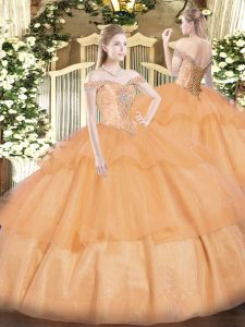 Orange Lace Up Off The Shoulder Beading and Ruffled Layers Quinceanera Gowns Organza Sleeveless