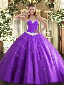 Low Price Sleeveless Tulle Floor Length Lace Up Ball Gown Prom Dress in Lavender with Appliques