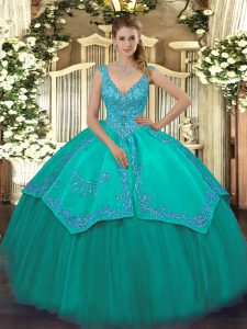 Turquoise Sleeveless Taffeta and Tulle Zipper Quinceanera Dresses for Military Ball and Sweet 16 and Quinceanera