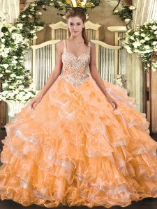 Orange Sleeveless Beading and Ruffled Layers Floor Length 15 Quinceanera Dress
