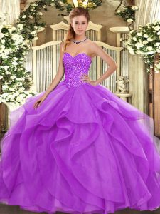 Lilac Ball Gowns Beading and Ruffles Vestidos de Quinceanera Lace Up Tulle Sleeveless Floor Length