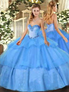 Baby Blue Tulle Lace Up Sweetheart Sleeveless Floor Length Quinceanera Dresses Beading and Ruffled Layers