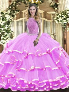 Top Selling Lilac Sleeveless Organza Lace Up 15 Quinceanera Dress for Military Ball and Sweet 16 and Quinceanera