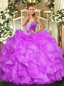 High End Lilac Ball Gowns Beading and Ruffles Sweet 16 Dress Lace Up Organza Sleeveless Floor Length
