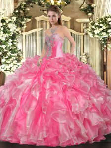 Discount Sleeveless Floor Length Beading and Ruffles Lace Up Sweet 16 Dress with Rose Pink