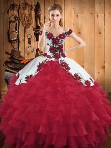 Luxury White And Red Sleeveless Embroidery and Ruffled Layers Floor Length Quince Ball Gowns