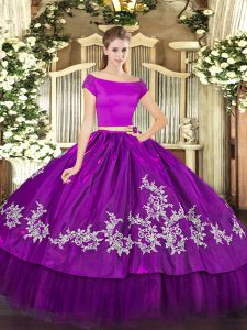 Purple Two Pieces Organza and Taffeta Off The Shoulder Short Sleeves Embroidery Floor Length Zipper Ball Gown Prom Dress