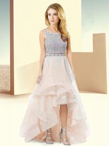 Spectacular Sleeveless Organza High Low Lace Up Evening Dress in Baby Pink with Beading and Ruffles