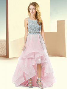 Super Sleeveless High Low Beading and Ruffles Lace Up Prom Gown with Baby Pink