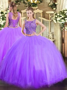 Lavender Tulle Lace Up Scoop Sleeveless Floor Length Quinceanera Dresses Beading