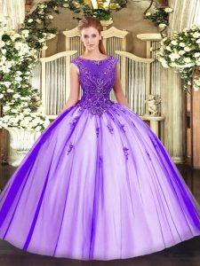 Chic Purple Ball Gowns Tulle Scoop Sleeveless Beading and Appliques Floor Length Zipper Sweet 16 Quinceanera Dress