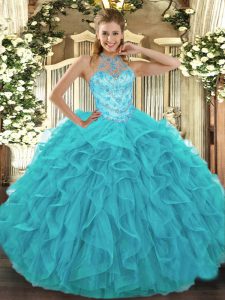 Gorgeous Sleeveless Lace Up Floor Length Beading and Embroidery and Ruffles 15 Quinceanera Dress