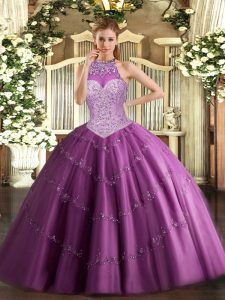 Beading and Appliques Sweet 16 Quinceanera Dress Fuchsia Lace Up Sleeveless Floor Length