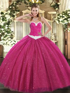 Sexy Sweetheart Sleeveless Tulle Quinceanera Gowns Appliques Lace Up