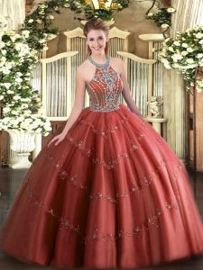 Fantastic Wine Red Tulle Lace Up Vestidos de Quinceanera Sleeveless Floor Length Beading and Appliques