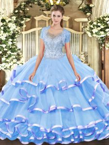 High Quality Ball Gowns Quince Ball Gowns Aqua Blue Scoop Tulle Sleeveless Floor Length Clasp Handle