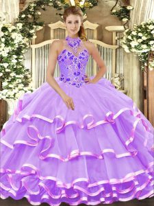 Fashionable Lavender Organza Lace Up Halter Top Sleeveless Floor Length 15 Quinceanera Dress Beading and Embroidery and 