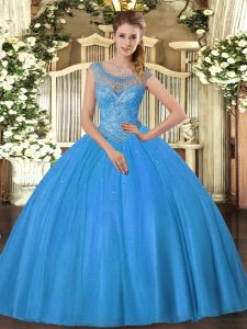 Unique Baby Blue Ball Gowns Tulle Scoop Sleeveless Beading Lace Up Sweet 16 Dresses