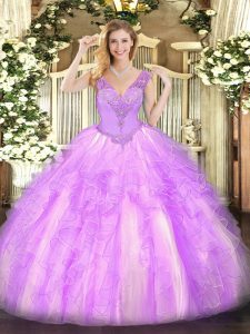 Customized V-neck Sleeveless Lace Up Quince Ball Gowns Lilac Organza