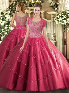 Adorable Hot Pink Clasp Handle Scoop Beading and Appliques 15 Quinceanera Dress Tulle Sleeveless