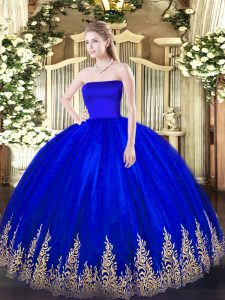 Colorful Blue Ball Gowns Appliques Quinceanera Dress Zipper Tulle Sleeveless Floor Length