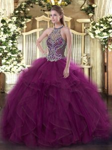 Beading Quinceanera Gown Fuchsia Lace Up Sleeveless Floor Length