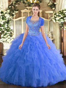 Graceful Beading and Ruffled Layers Quinceanera Gown Baby Blue Clasp Handle Sleeveless Floor Length