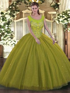 Olive Green Sleeveless Floor Length Beading Backless 15 Quinceanera Dress